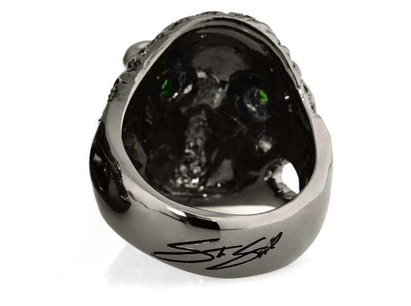 RG322-BK-GRN-BK Blazing Bruno Skull Ring (Back View) in Sterling Silver in Green & Black Stones (Black Collection), designed by Steve Soffa