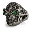 RG322-BK-GRN-BK Blazing Bruno Skull Ring (Side View) in Sterling Silver in Green & Black Stones (Black Collection), designed by Steve Soffa