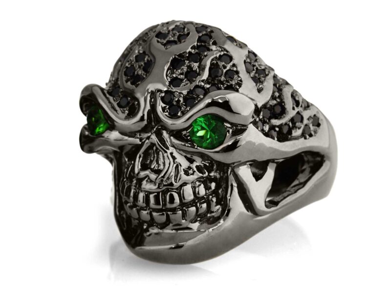 RG322-BK-GRN-BK Blazing Bruno Skull Ring (Side View) in Sterling Silver in Green & Black Stones (Black Collection), designed by Steve Soffa