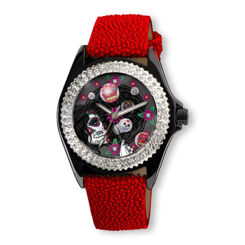 SSK731-BK Sugar Bubble Watch (Burbujas De Azucar) in a Black face with Red Stingray Strap (Calaveras De Azucar Colleción), designed by Steve Soffa