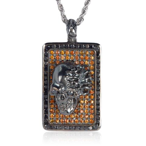 DT190-G Skull Dog Tag Rhodium-Plated Sterling Silver with Orange Sapphires, designed by Steve Soffa