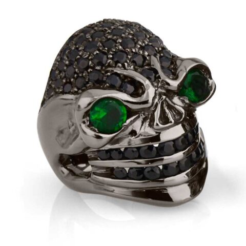 RG326BK-GRN-BK Venomous Val Skull Ring (Front Side View) in Sterling Silver with Green & White Stones (Black Collection), designed by Steve Soffa