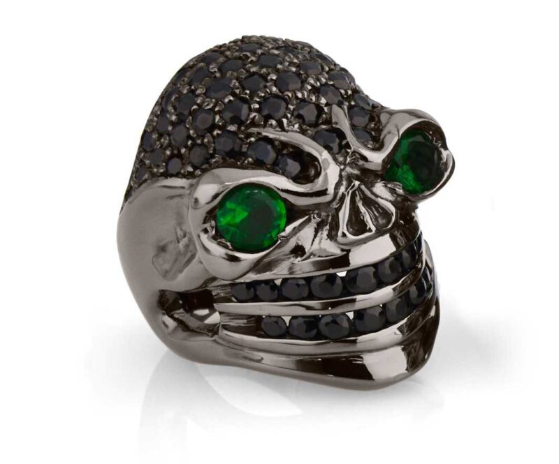 RG326BK-GRN-BK Venomous Val Skull Ring (Front Side View) in Sterling Silver with Green & White Stones (Black Collection), designed by Steve Soffa