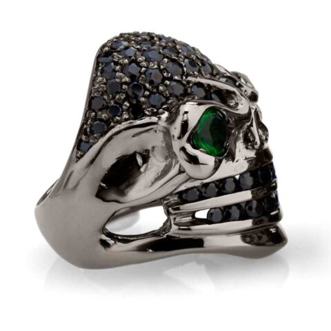 RG326BK-GRN-BK Venomous Val Skull Ring (Side View) in Sterling Silver with Green & White Stones (Black Collection), designed by Steve Soffa