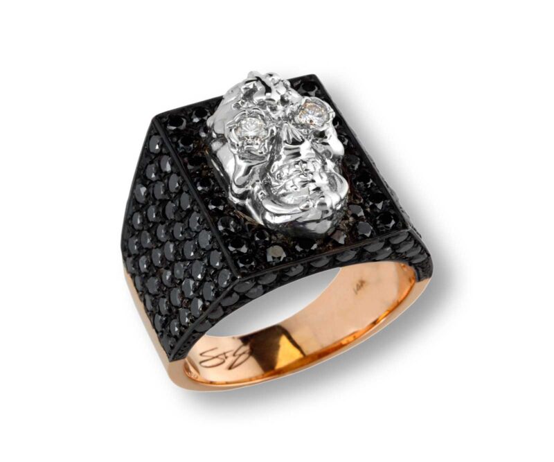 Sugar in Diamonds (Azucar en Diamantes) :: Ring in Rose Gold & White Gold, with Black Diamonds (Sugar Skulls)