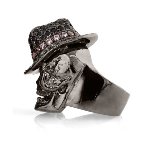 RG100BK-RS-BK The Gangster Skull Ring in Rhodium Plated Sterling Silver with Black & Rose Stones (Black Collection), designed by Steve Soffa