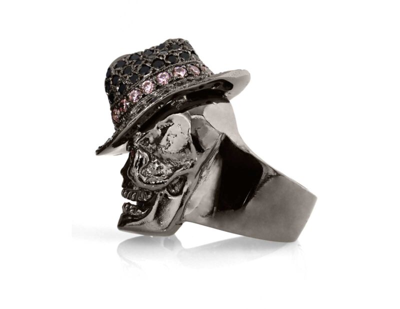 RG100BK-RS-BK The Gangster Skull Ring in Rhodium Plated Sterling Silver with Black & Rose Stones (Black Collection), designed by Steve Soffa