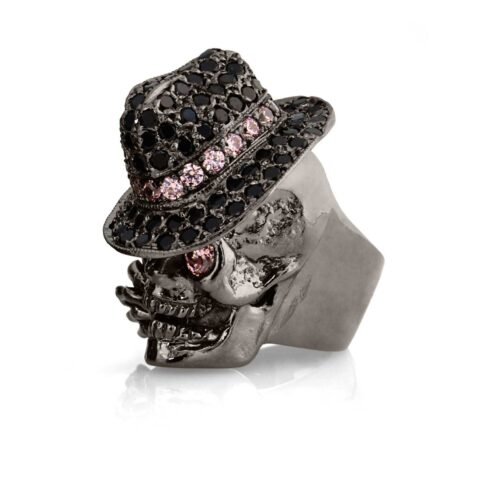 RG100BK-RS-BK The Gangster Skull Ring in Rhodium Plated Sterling Silver with Black & Rose Stones (Black Collection), designed by Steve Soffa