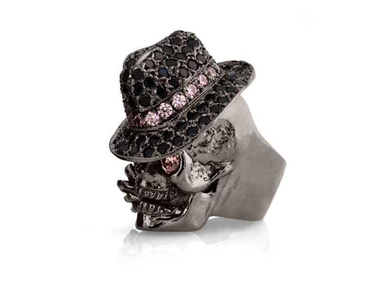 RG100BK-RS-BK The Gangster Skull Ring in Rhodium Plated Sterling Silver with Black & Rose Stones (Black Collection), designed by Steve Soffa