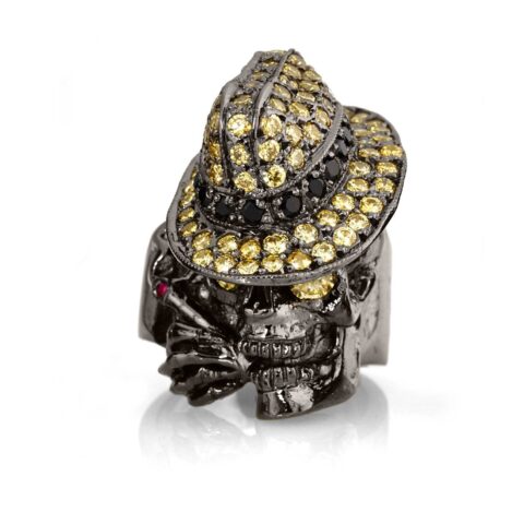 RG100BK-YL-BK The Gangster Skull Ring in Rhodium Plated Sterling Silver with Black & Yellow Stones (Black Collection)