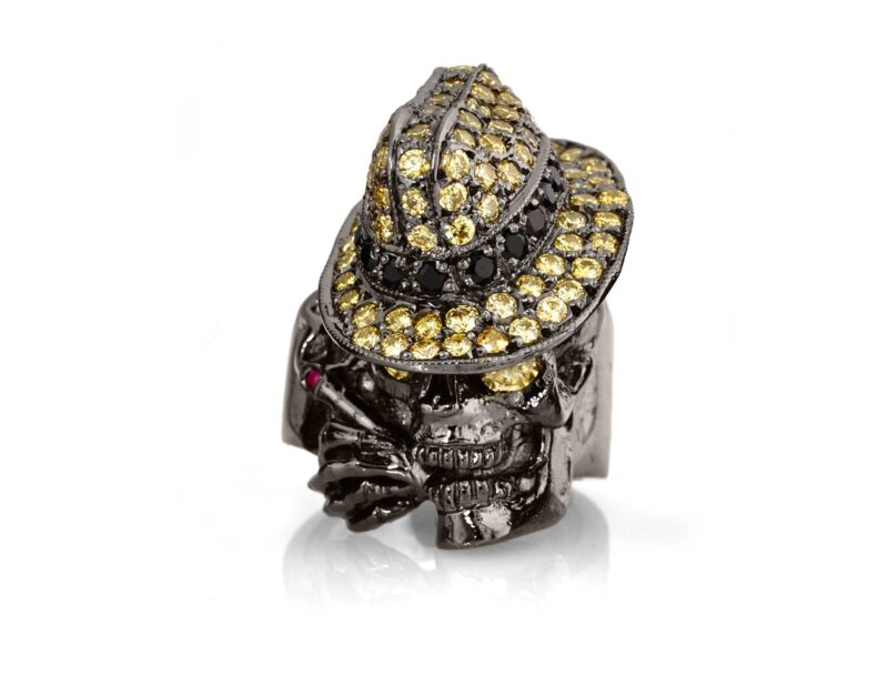 RG100BK-YL-BK The Gangster Skull Ring in Rhodium Plated Sterling Silver with Black & Yellow Stones (Black Collection)