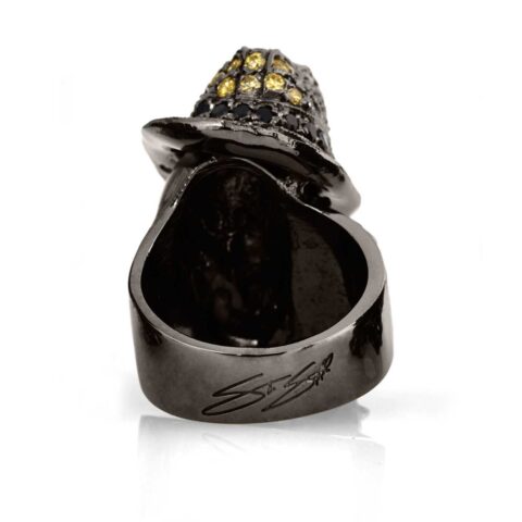 RG100BK-YL-BK The Gangster Skull Ring (Back View) in Rhodium Plated Sterling Silver with Black & Yellow Stones (Black Collection)