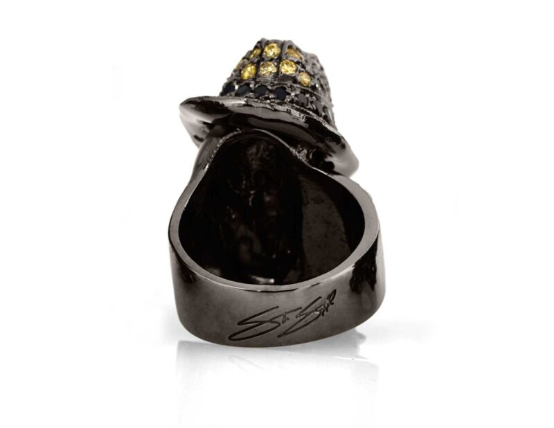 RG100BK-YL-BK The Gangster Skull Ring (Back View) in Rhodium Plated Sterling Silver with Black & Yellow Stones (Black Collection)