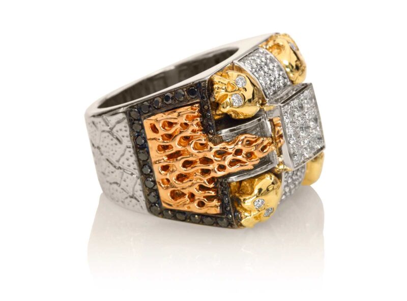 RG1014WG-A Gatekeepers Ring in White, Yellow and Rose Gold with White & Black Diamonds