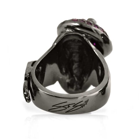 RG104BK-RD The Artist skull ring in Sterling Silver with Red Stones (Black Collection), designed by Steve Soffa