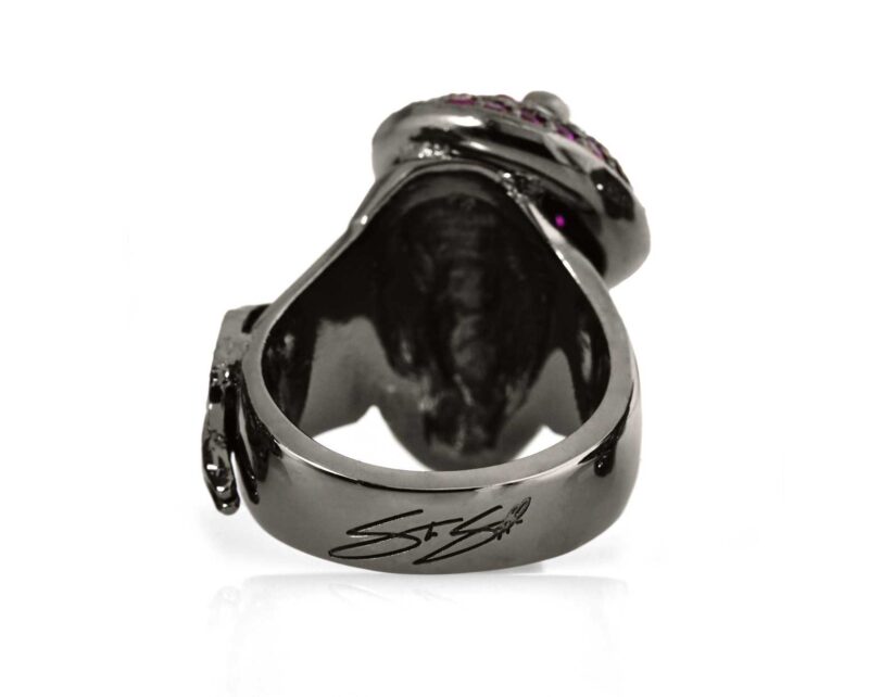 RG104BK-RD The Artist skull ring in Sterling Silver with Red Stones (Black Collection), designed by Steve Soffa