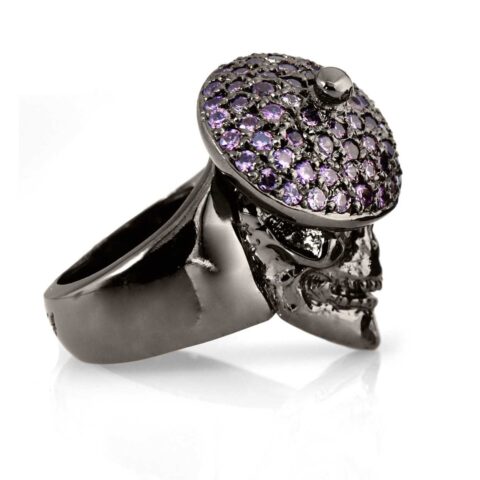 RG104BK-PUR The Artist Skull Ring in Rhodium Plated Sterling Silver with Purple Stones (Black Collection), designed by Steve Soffa