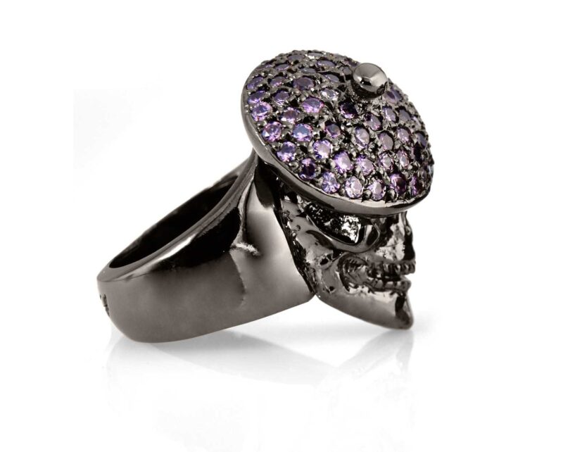 RG104BK-PUR The Artist Skull Ring in Rhodium Plated Sterling Silver with Purple Stones (Black Collection), designed by Steve Soffa