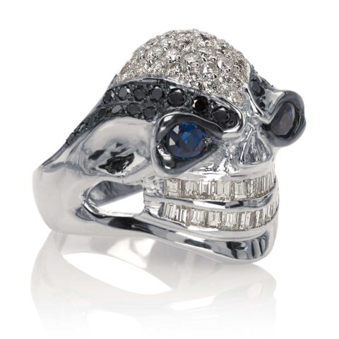 RG3028 Wicked Willy skull ring in White Gold with White & Black Diamonds, Blue Sapphires, designed by Steve Soffa