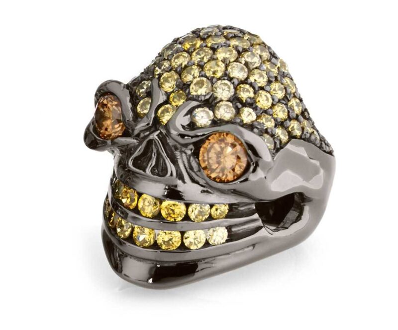 RG326BK-AMB-YL Merciless Mary Skull Ring in Rhodium Plated Sterling Silver with Amber & Yellow Stones (Black Collection), designed by Steve Soffa