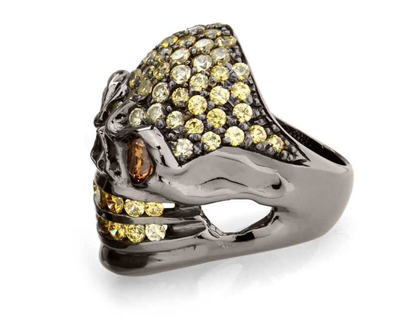 RG326BK-AMB-YL Merciless Mary Skull Ring in Rhodium Plated Sterling Silver with Amber & Yellow Stones (Black Collection), designed by Steve Soffa