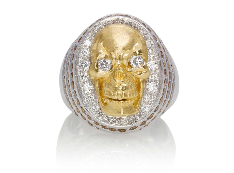 RG4006 Skull Ring in White and Yellow Gold, with White & Chocolate Diamonds, designed by Steve Soffa