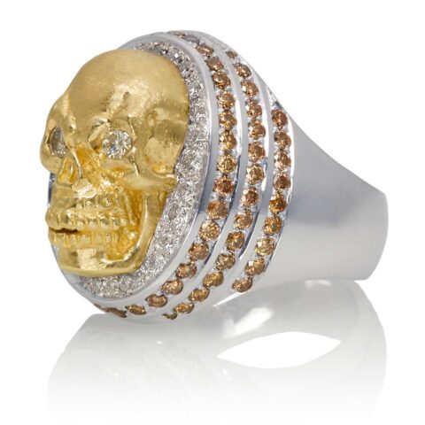 RG4006 Skull Ring in White and Yellow Gold, with White & Chocolate Diamonds, designed by Steve Soffa