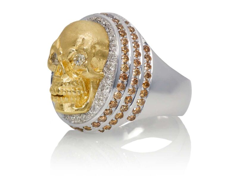 RG4006 Skull Ring in White and Yellow Gold, with White & Chocolate Diamonds, designed by Steve Soffa