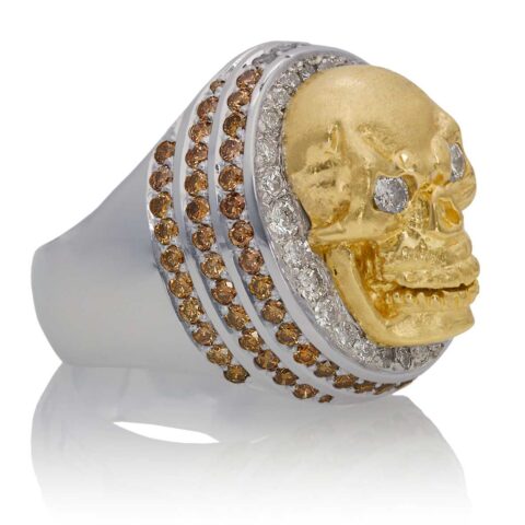 RG4006 Skull Ring in White and Yellow Gold, with White & Chocolate Diamonds, designed by Steve Soffa