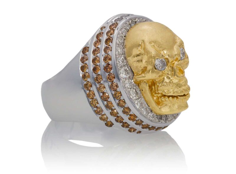 RG4006 Skull Ring in White and Yellow Gold, with White & Chocolate Diamonds, designed by Steve Soffa