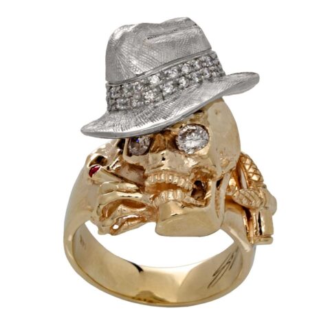 RG1000-A The Gangster Skull Ring (Front View) in Yellow & White Gold with White Diamonds, designed by Steve Soffa