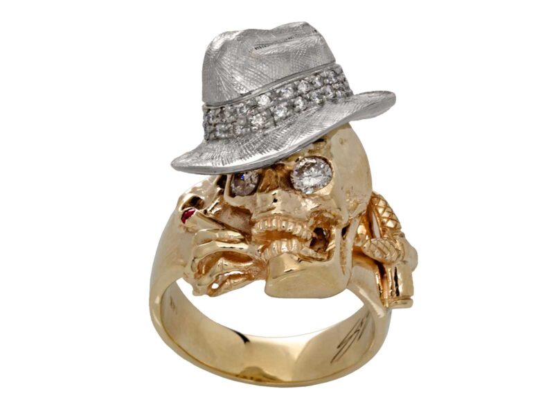 RG1000-A The Gangster Skull Ring (Front View) in Yellow & White Gold with White Diamonds, designed by Steve Soffa