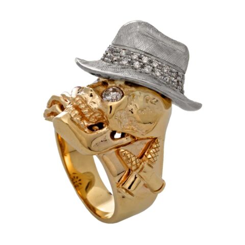 RG1000-A The Gangster Skull Ring (Side View) in Yellow & White Gold with White Diamonds, designed by Steve Soffa