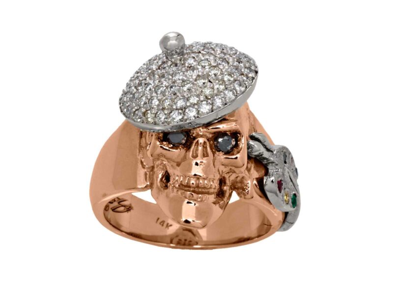 RG1004-A The Artist Skull Ring (Front View) in Rose and White Gold, with White and Black Diamonds, designed by Steve Soffa