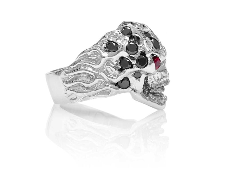 RG1008-B The Rock Star Skull Ring (Right Side View) in White Gold with Black Diamonds, White Diamonds and Rubies, designed by Steve Soffa