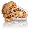 RG1020RGSIL Hot Head Harry Skull Ring (Left Side View) in Rose Gold and Silver with White Diamonds and Red Rubies, designed by Steve Soffa