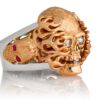 RG1020RGSIL Hot Head Harry Skull Ring (Right Side View) in Rose Gold and Silver with White Diamonds and Red Rubies, designed by Steve Soffa