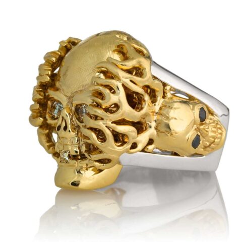 RG1020YGSIL Hot Head Harry Skull Ring (Left Side View) in Yellow Gold and Silver with White and Black Diamonds, designed by Steve Soffa