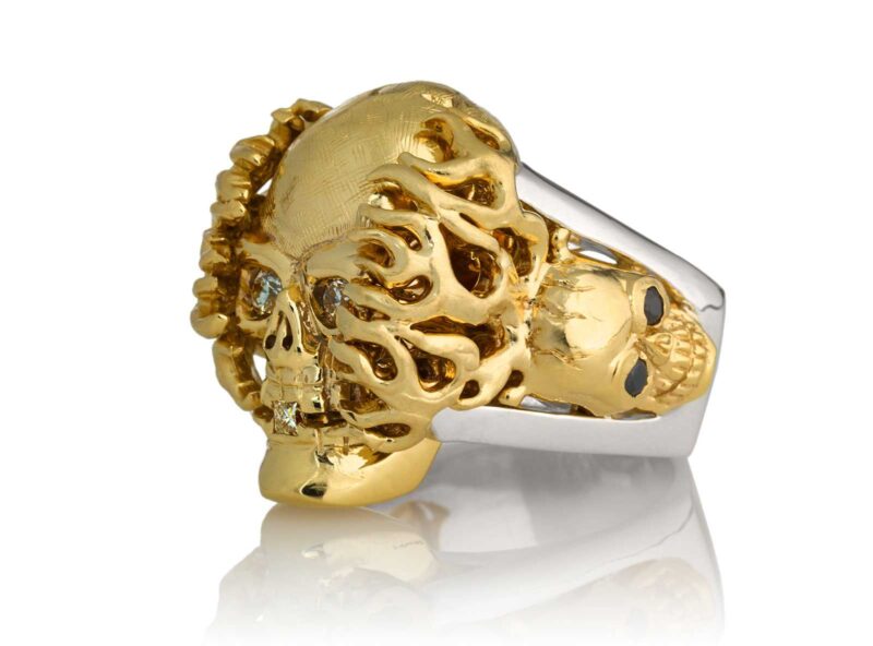 RG1020YGSIL Hot Head Harry Skull Ring (Left Side View) in Yellow Gold and Silver with White and Black Diamonds, designed by Steve Soffa