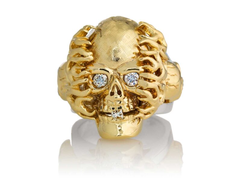 RG1020YGSIL Hot Head Harry Skull Ring (Front View) in Yellow Gold and Silver with White and Black Diamonds, designed by Steve Soffa