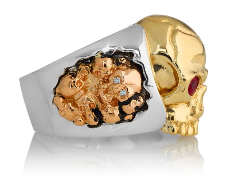 RG1030YGSIL-A Judge and Jury Skull Ring (Right Side View) in Yellow Gold and Sterling Silver with Rubies and White Diamonds, designed by Steve Soffa