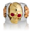 RG1030YGSIL-A Judge and Jury Skull Ring (Front View) in Yellow Gold and Sterling Silver with Rubies and White Diamonds, designed by Steve Soffa