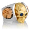 RG1030YGSIL-B Judge and Jury Skull Ring (Right Side View) in Yellow Gold and Sterling Silver with Blue Sapphires and White Diamonds, designed by Steve Soffa