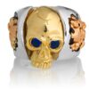 RG1030YGSIL-B Judge and Jury Skull Ring (Front View) in Yellow Gold and Sterling Silver with Blue Sapphires and White Diamonds, designed by Steve Soffa