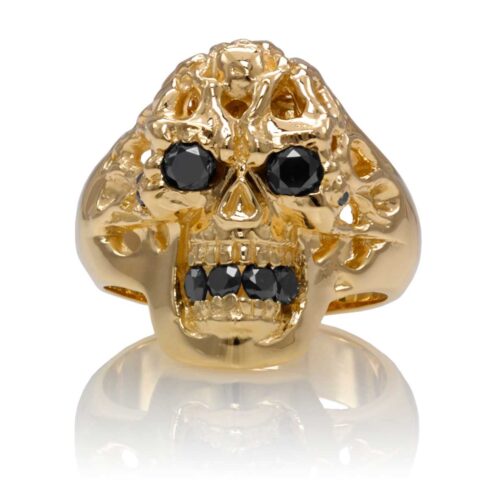RG1140-A Brainiac skull ring Yellow Gold with Black Diamonds, designed by Steve Soffa