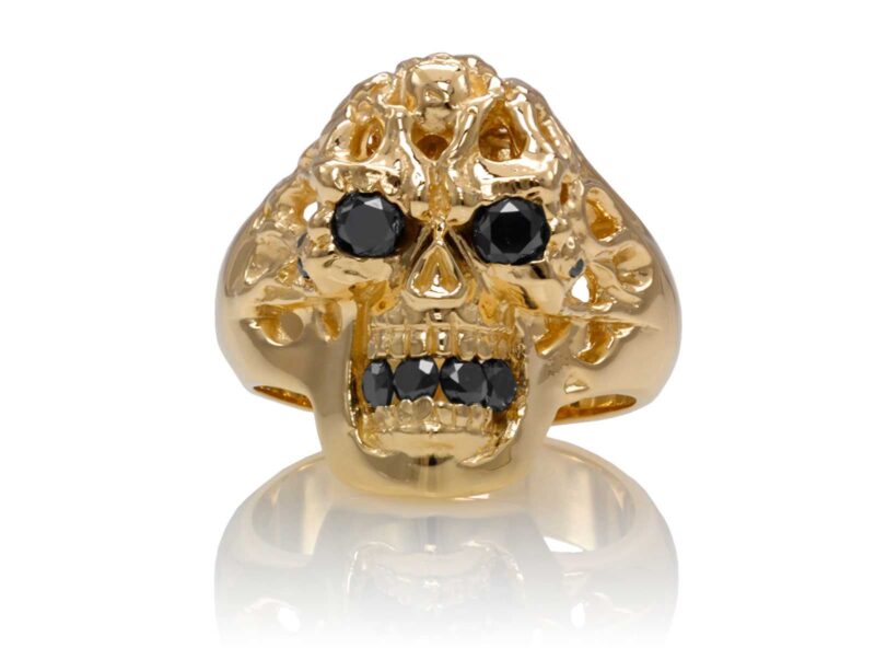 RG1140-A Brainiac skull ring Yellow Gold with Black Diamonds, designed by Steve Soffa