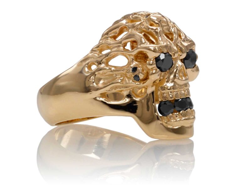 RG1140-A Brainiac skull ring (Right Side View) in Yellow Gold with Black Diamonds, designed by Steve Soffa