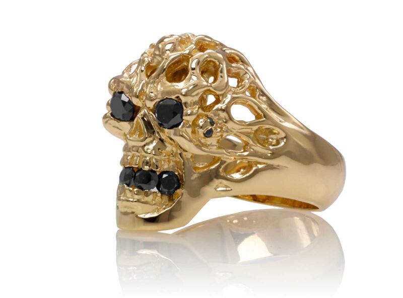 RG1140-A Brainiac skull ring (Left Side View) in Yellow Gold with Black Diamonds, designed by Steve Soffa