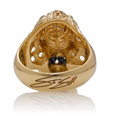 RG1140-A Brainiac skull ring (Back View / Gallery) in Yellow Gold with Black Diamonds, designed by Steve Soffa