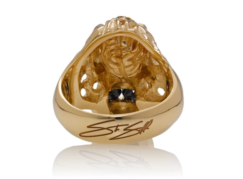 RG1140-A Brainiac skull ring (Back View / Gallery) in Yellow Gold with Black Diamonds, designed by Steve Soffa